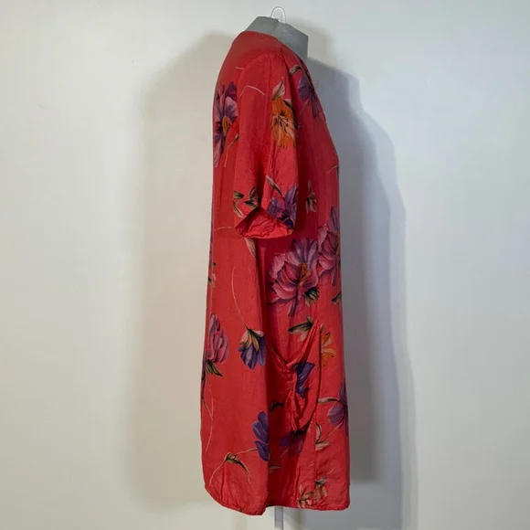Bella Amore Linen Dress Women’s Medium Orange Red Purple Pockets Floral V-Neck - Picture 6 of 13